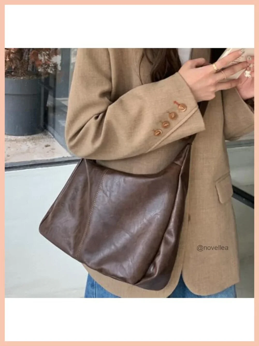Brown Slouchy Hobo Shoulder Bag Women PU Leather Crossbody Tote with Zipper